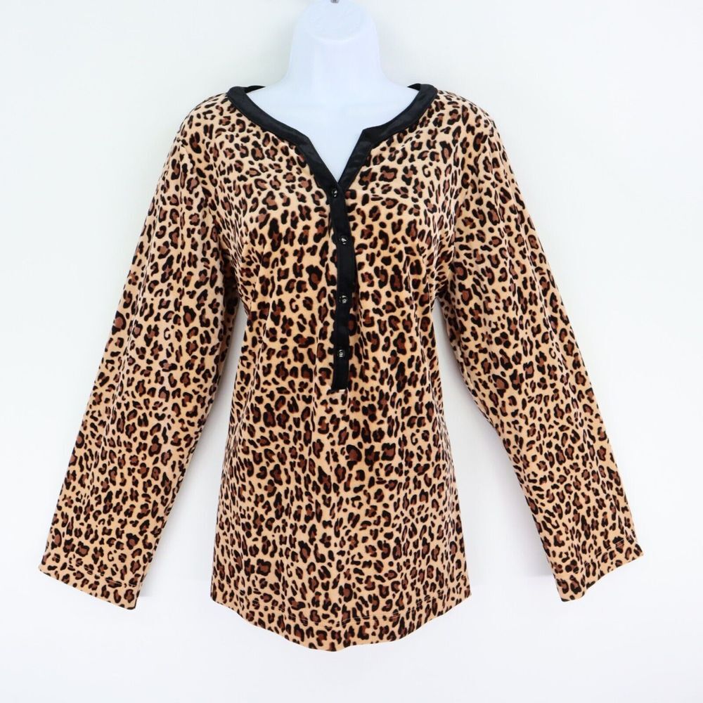 Charter Club Pajama‎ Top Long Sleeves Buttons Womens L Brown Cheetah Print Soft